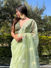 Enchanting Embroidery Work On  Green Pure Organza Saree